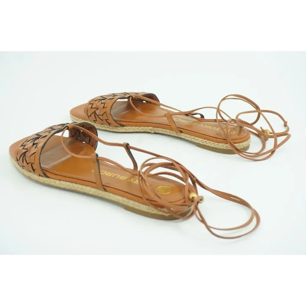 Tory Burch Basketweave Woven Ankle Wrap Espadrille Sandal Size 8 Tie Strap $245